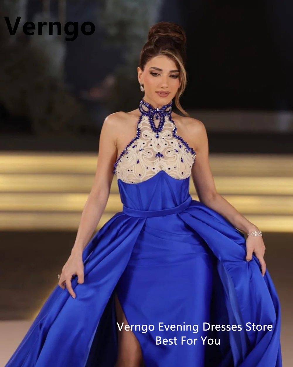 Verngo blau Perlen Spitze Hochzeits feier Kleid für Frauen Halfter ärmellose lange Abendkleider Abendkleid Dubai Ballkleider