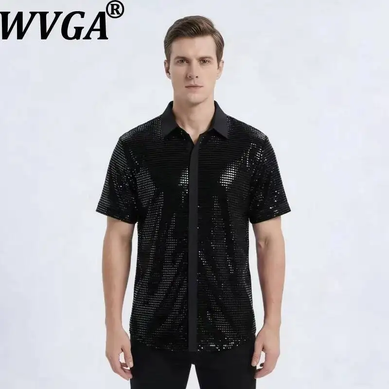 WVGA 2026 Summer New Men Breathable Sequin Trendy Short Sleeved Shirts Niche Casual Square Collar Color Block Design Tops W23785