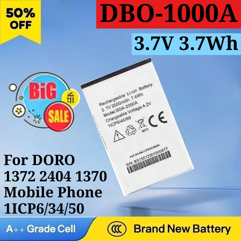 

New DBO-1000A 3.7V 3.7Wh 1000mAh Battery for DORO 1372 2404 1370 Mobile Phone 1ICP6/34/50 High Quality Replacement Battery