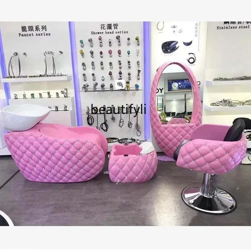 

Barber shop with diamond fiberglass shampoo bed, hair chair, mirror table set, seated flush bed