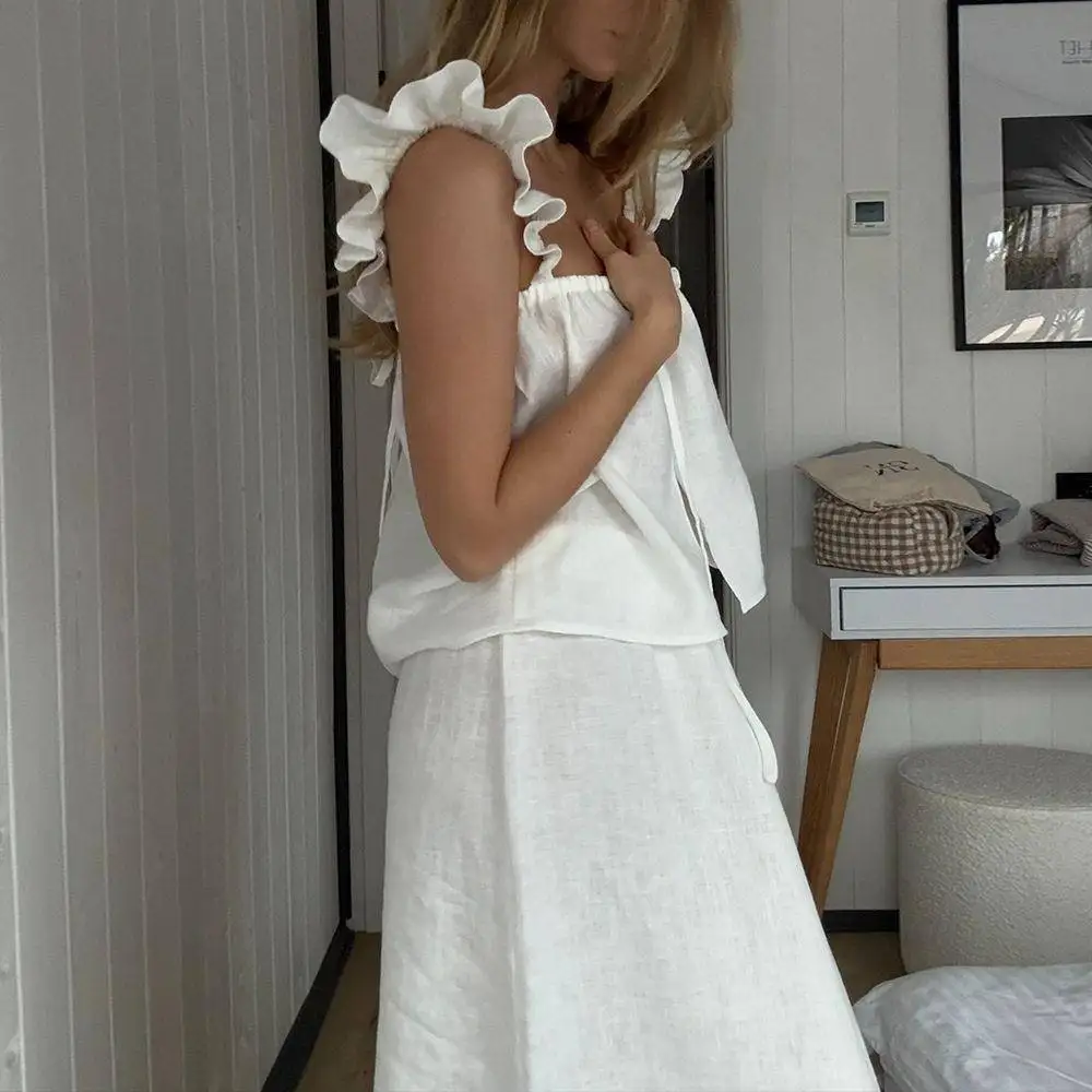 

Pure Cotton Spring Summer New Style Half-length Skirt Top Set Women's Fashion Home Wear Color Three-piece Set