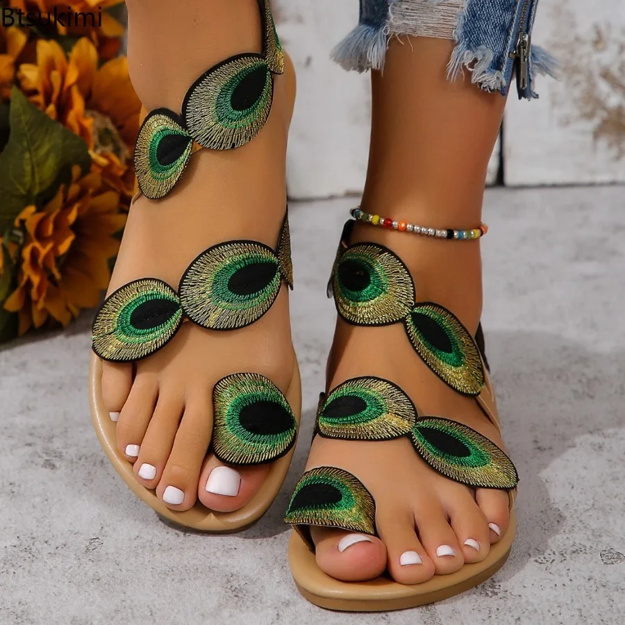 

Bohemian Style Women Sandals Summer Embroidered Beach Holiday Sandals Flat Bottom Slippers Women's Vintage Outdoor Casual Shoes