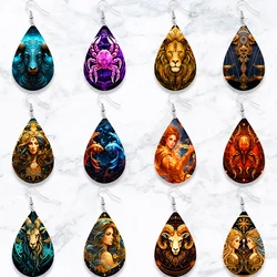 SOMESOOR Gorgeous 12 Constellations Print Small Wooden Teardrop Earrings Leo Libra Scorpio Pendant Dangle Jewelry Birthday Gifts