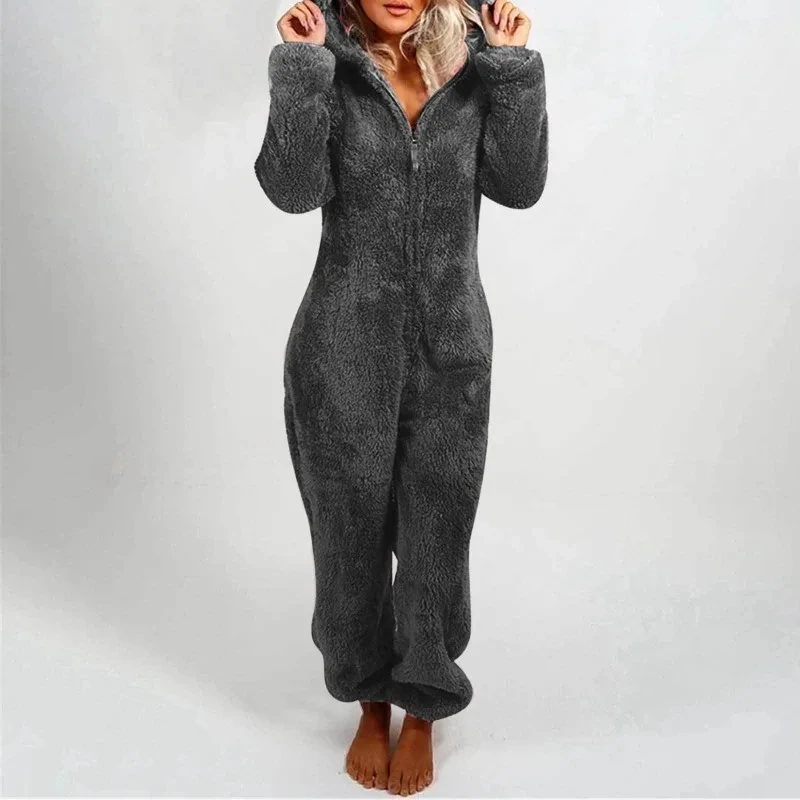 2024 zimowy pluszowy zagęszczony pluszowy kombinezon z kapturem bielizna nocna damska z długim rękawem zamek utrzymuj ciepłą piżamę Homewear Onesies