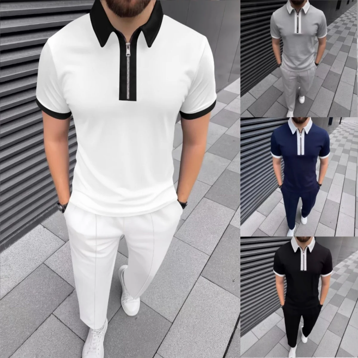 

Men's Casual T-Shirt with Collar And Zipper Spring/Autumn Versatile Short-Sleeved Set with Long Pants Two-Piece Outf