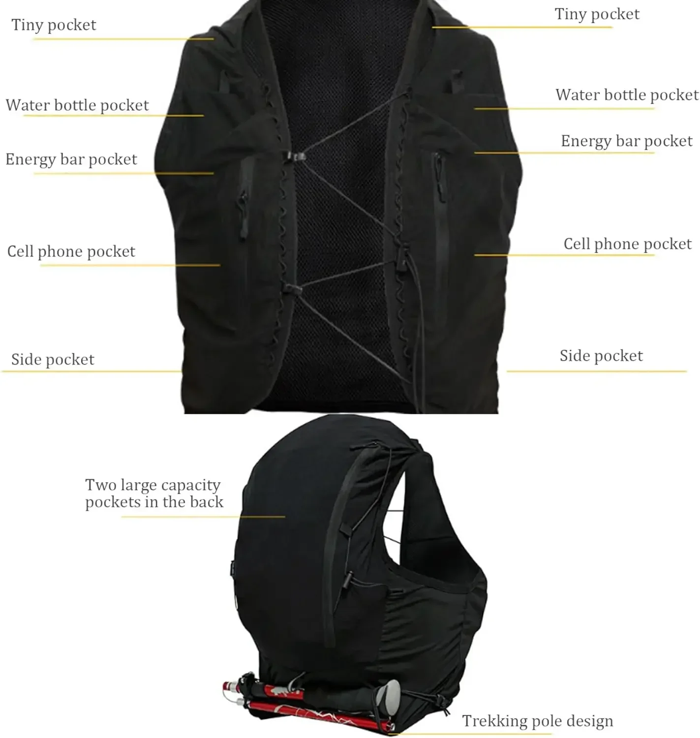 Confezione gilet idratatorio con 12 tasche interne per piccoli oggetti, telefoni, portafogli, chiavi e asciugamani per fare jogging, andare in bicicletta, escursioni