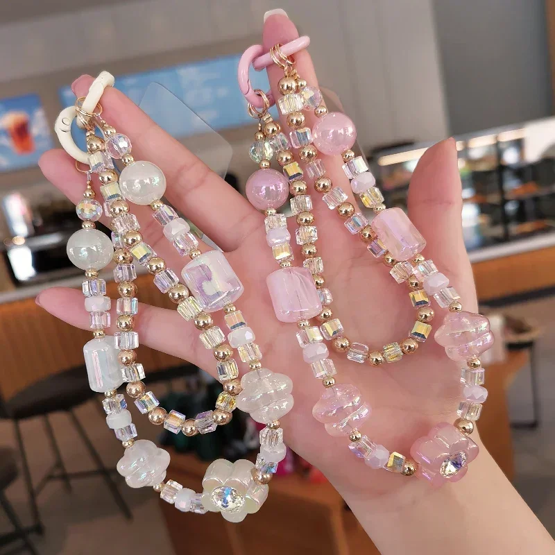 Small Fresh Clip Double Chain Rhinobrown Mobile Phone Lanyard Crystal Bead Mobile Phone Case Antiloss Wrist Bracelet IPhoneCharm