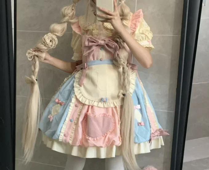 Vestido con tirantes y lazo de Lolita para chica, dulce diario, con cuello cuadrado, a la moda, de cintura alta, corte en A, versátil, con volantes reductores de edad