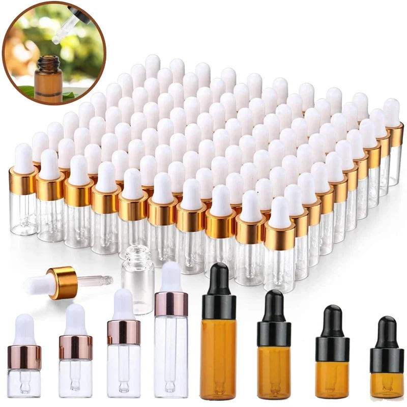 5Pcs 1ml-5ml Amber/Clear Glass Dropper Bottles Mini Essential Oils Dropper vials Bottle for Sample Cosmetic Perfume Traveling