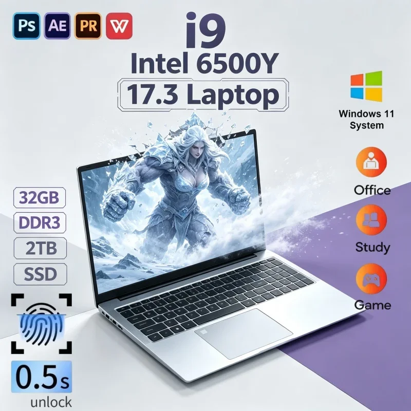 Trend 2026 17.3" Large Screen Laptop Intel 6500Y 16/32GB 2TB SSD Win11 Slim Gaming Office Notebook