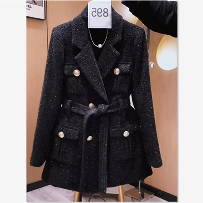 Fashion Double-Breasted Tweed Blazer Jacket For Women Autumn Winter New Vintage Weave Plaid Notched Lace-Up Coat Chaquetas 368P