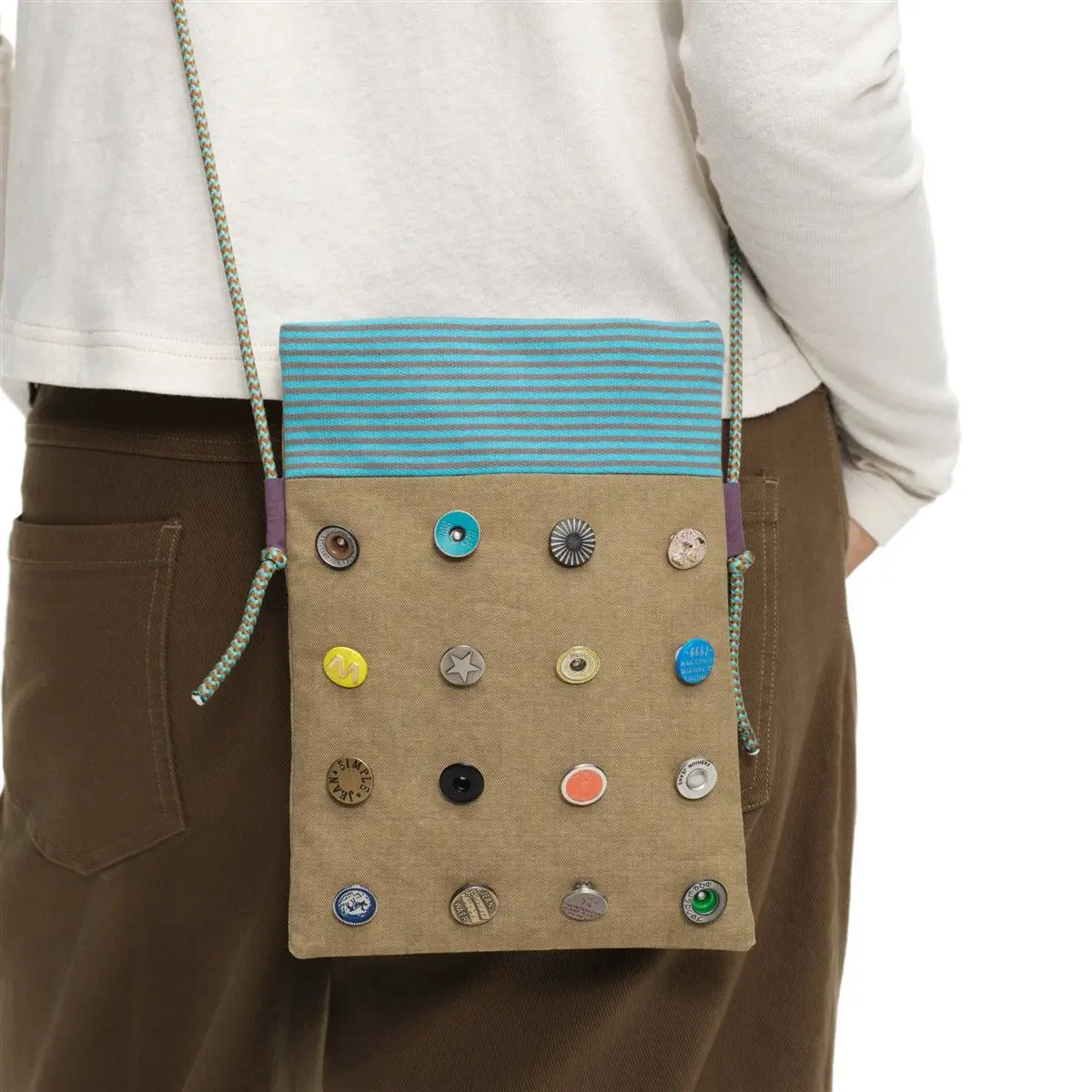 Phone Bag Button Small Square Bags Khaki Striped Patchwork Canvas Pures and Bags Crossbody Girls Bags