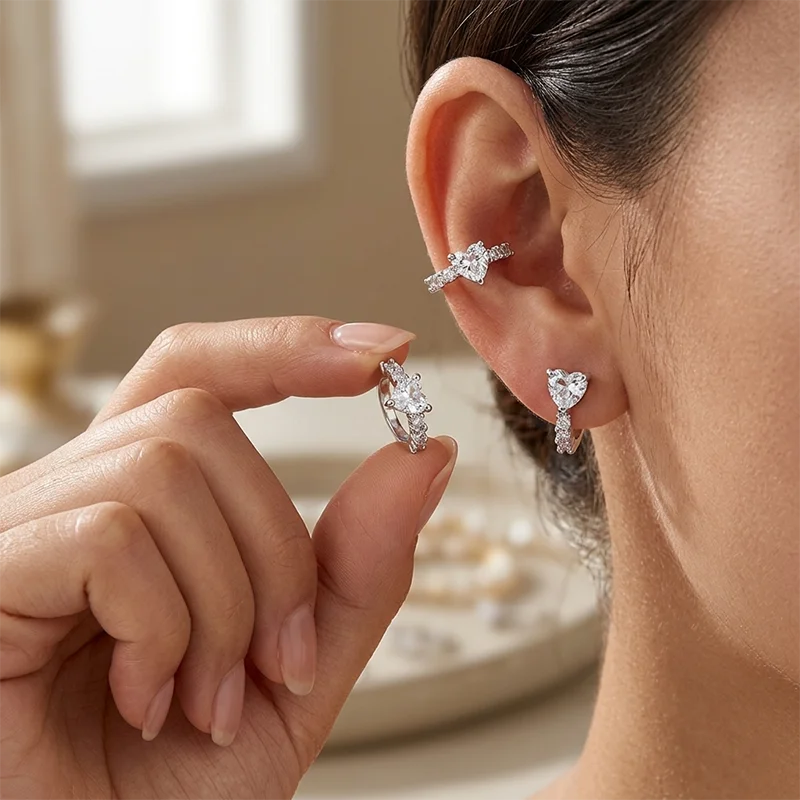 Fashion Multi-Way/Convertible Earrings Cartilage/Earlobe Heart Multi-Way Earrings Gift for Her Silver Sparkling CZ  Accessories