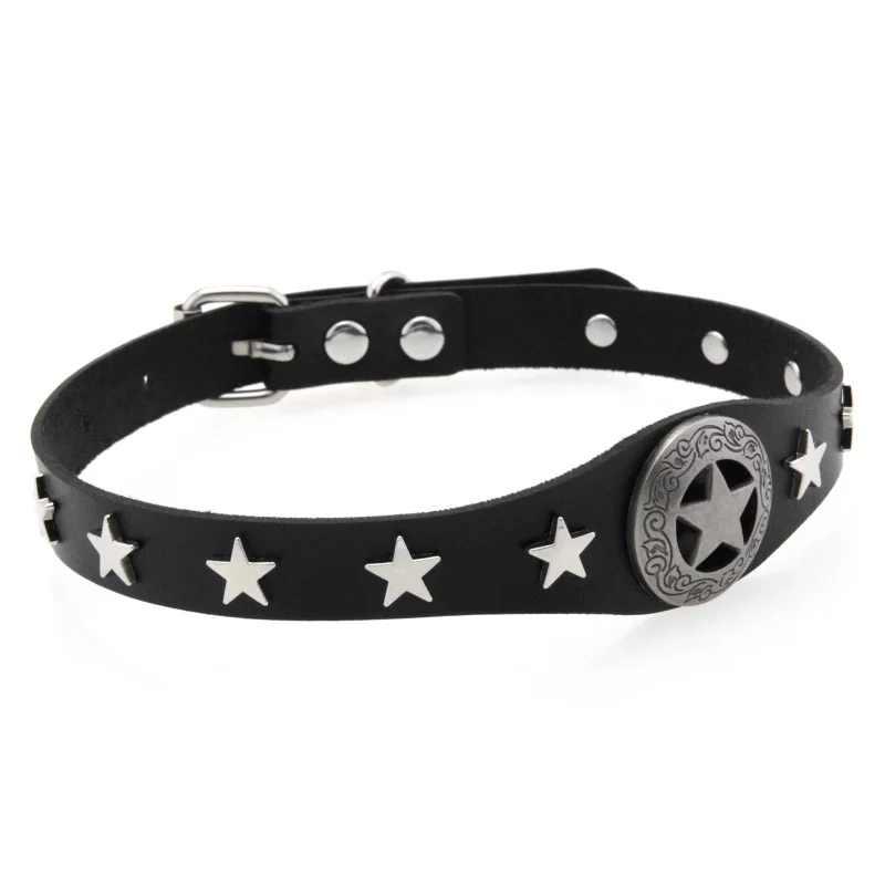 Decopunk القوطية Harajuku الشرير بسيط الفردية ملحق بولي Leather الجلود الخماسية نجمة سبيكة قلادة المختنق سلسلة الترقوة #4