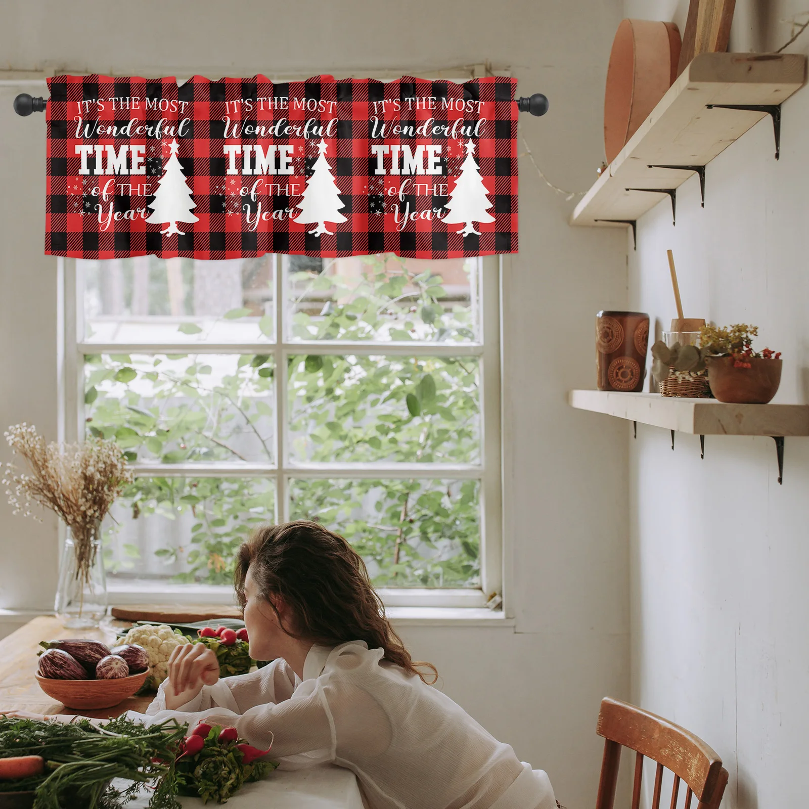 Christmas Valance Curtains for Kitchen Window Red Black Buffalo Check Plaid Winter Rod Pocket Window Valance Decor for Kitchen image 6