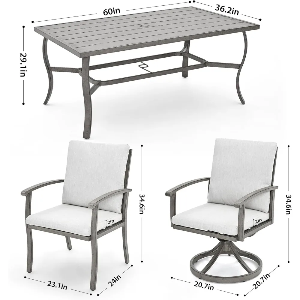 Conjunto de jantar de pátio de 7 peças, conjuntos de móveis de pátio, 2 cadeiras de jantar giratórias, conjunto de móveis de alumínio para pátio, conjuntos de jantar ao ar livre