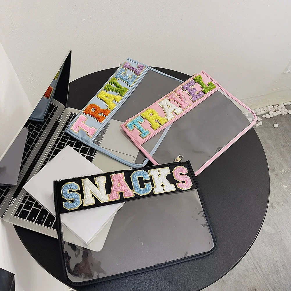 Letter Patches Transparent PVC Bag Cosmetic Bag Clutch Clear Travel Make up Cosmetic Bag Pouches Snack Stuff Makeup Toiletry Bag