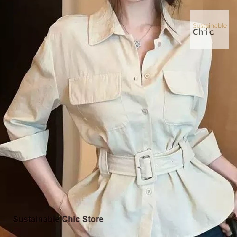 프렌치 스타일 칼라 프록 셔츠 여성 가을 신상 허리 디자인 감각 스파이스 걸 패션 분위기 있는 아름다운 캐주얼 탑