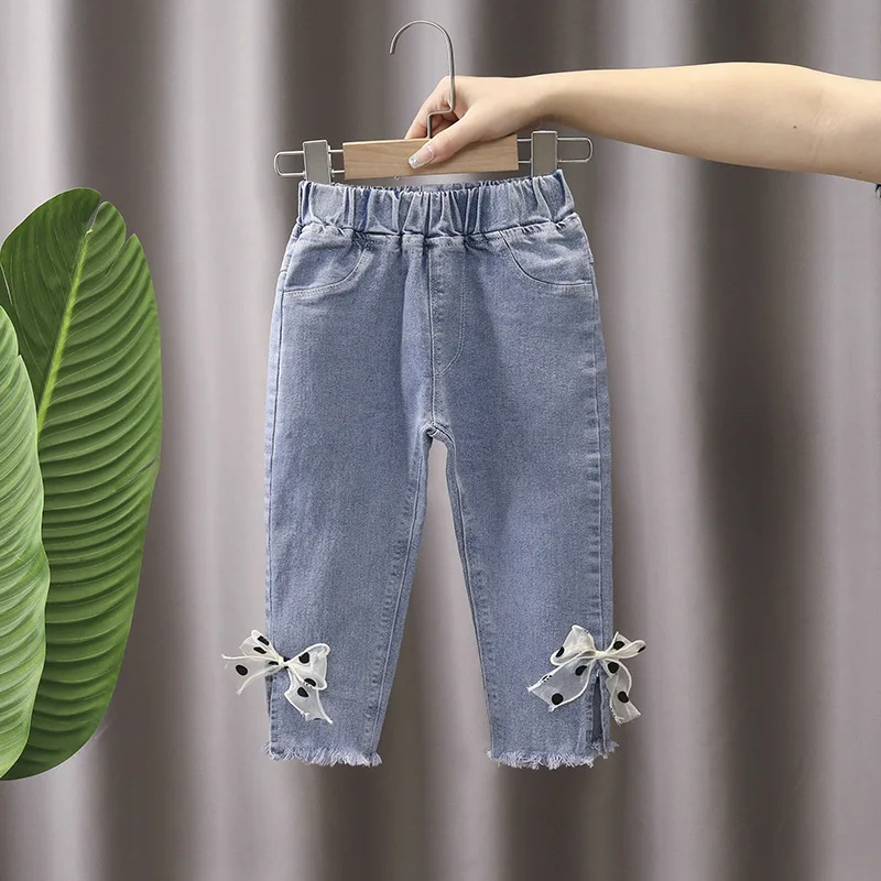 Spring Autumn Children Girls Denim Pants Elastic Waist Mesh Bowknot Harem Baby Girls Pants Exterior Stylish Kid Girls Trousers