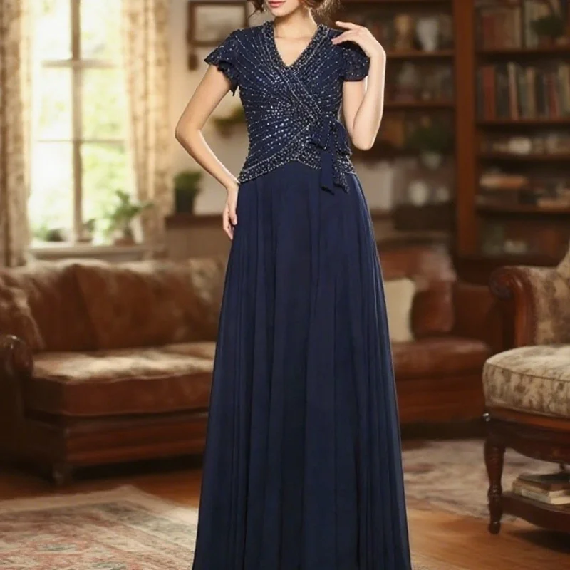 

Beach Chiffon Mother of Bride Dresses for Women Short Sleeve Dresses with Beading Robe Customized