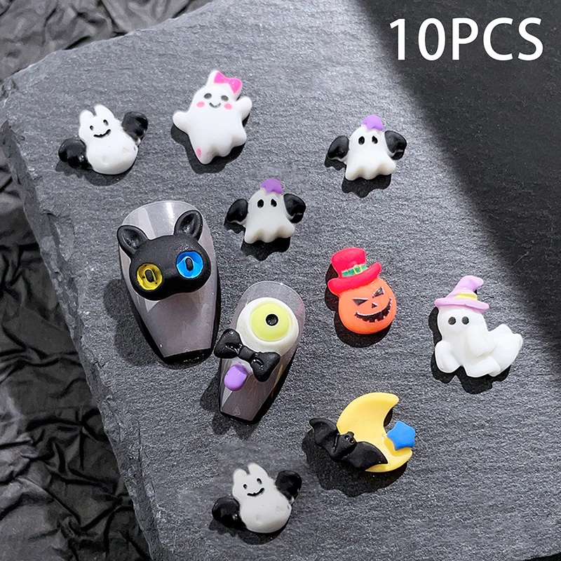 10PCS Halloween Cartoon Nail Accessories Cute Little Ghosts Ghostly Eyes Black Cats DIY Resin Manicure Jewelry Decoration