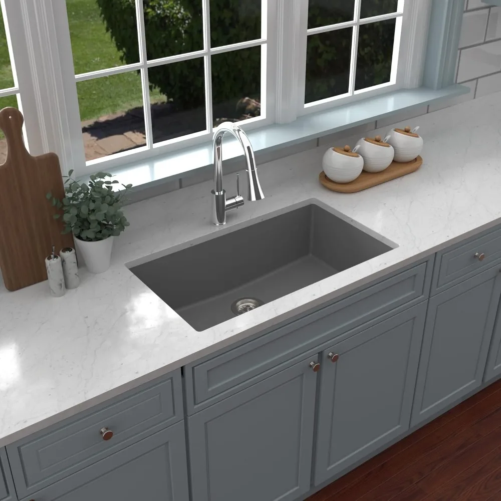 Kitchen Fixture Undermount 32.5 in. Large Single Bowl Quartz Kitchen Sink in Grey