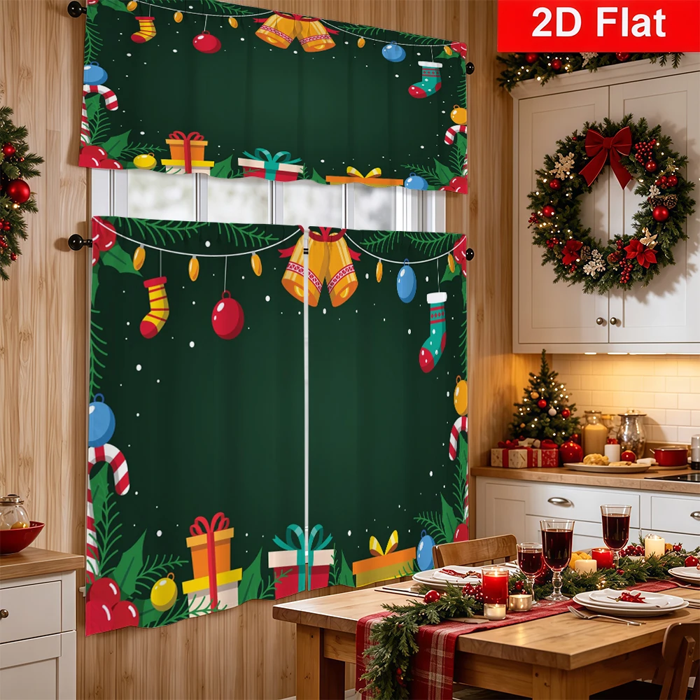 Christmas Kitchen Curtains, Green Bell Stocking Candy Gift, Digital Print, Kitchen Dining Room, Rod Pocket Polyester, Home Decor