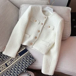 Korean Chic Female Tweed Basic Button Up Jacket Coat Women Autumn Winter Clothing Runway Style Woolen Outerwear