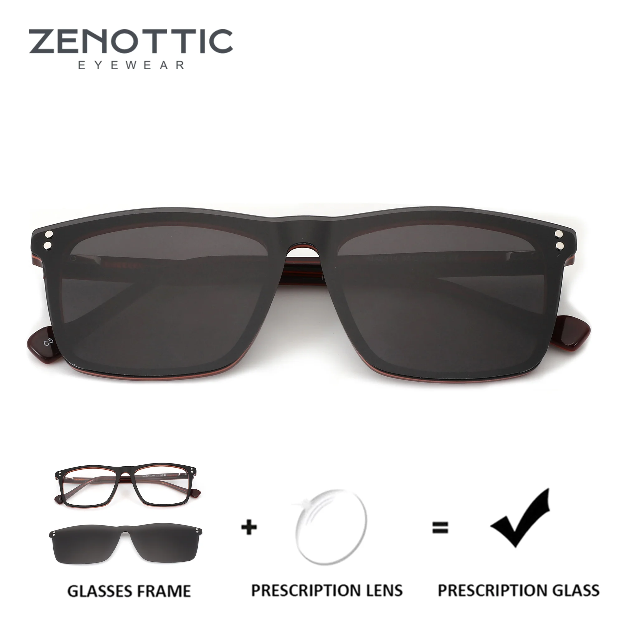 ZENOTTIC M Size Acetate Square Clip On Prescription Glasses For Men Myopia Graduated Lenses Progressive Eyeglasses