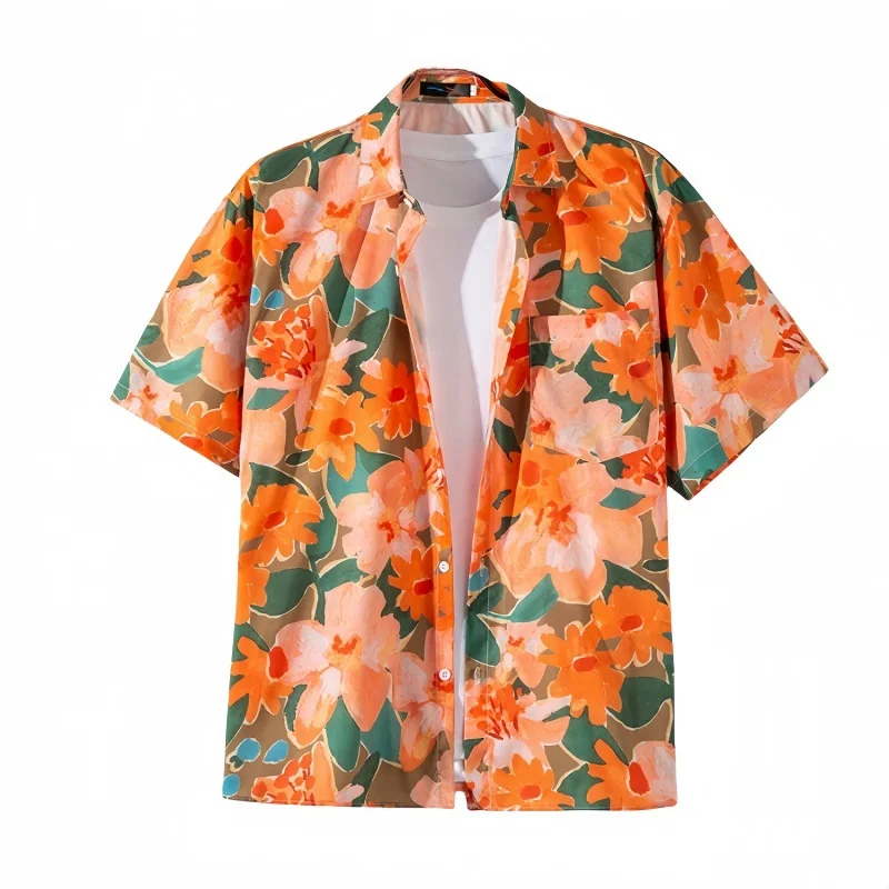 Summer Men's Vintage Hawaiian Short Sleeve Floral Shirt Casual Loose Handsome Tops Beach Vacation Versatile Half Sleeve Shirt