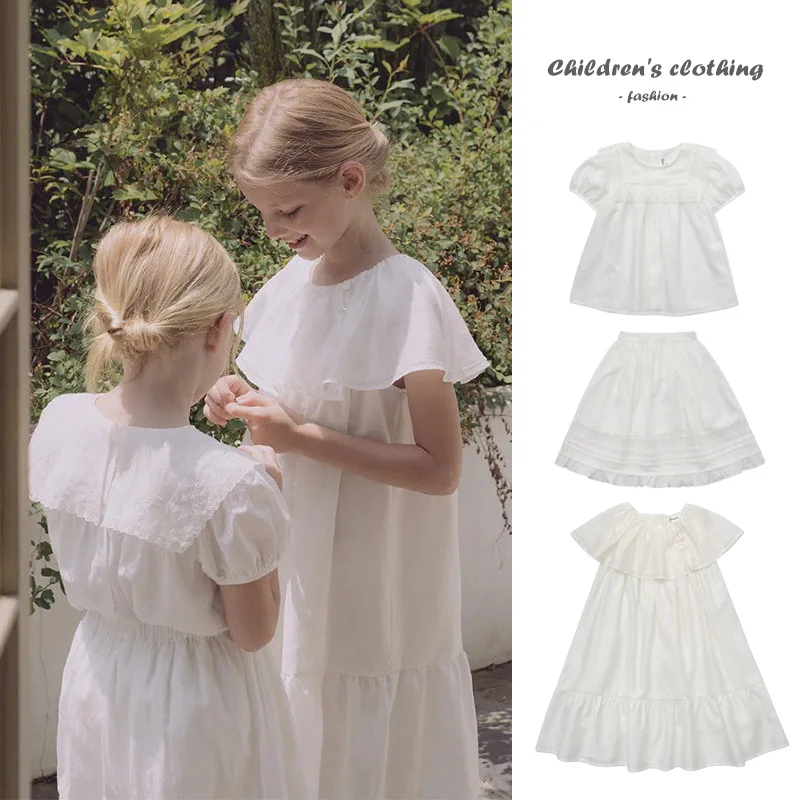 

Fashion White Girl Set New LOU Solid Color Simple Baby Dress Casual Girl Top Skirt Set 2025 Summer Korean Children's Clothing
