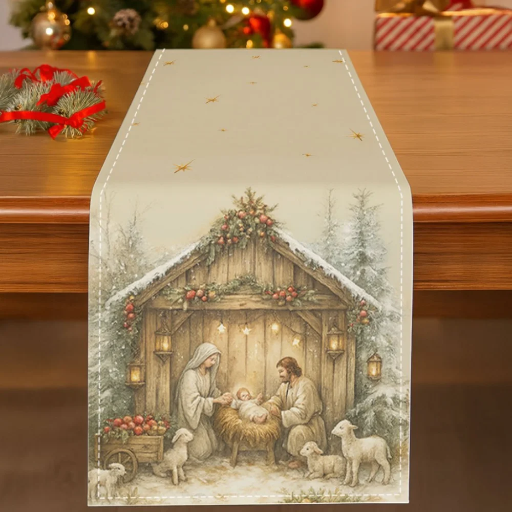 1 x Weihnachts-Tischläufer mit Krippenszene, Krippenstern und verschneiten Kiefern – Beige und goldene Winter-Urlaubsdekoration