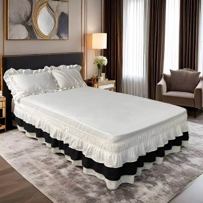 Three Layer Color Blocking Elastic Band Bed Skirts with Three Side Skirts Bedside Cover Cloths for Ugliness and Dust Bed Aprons