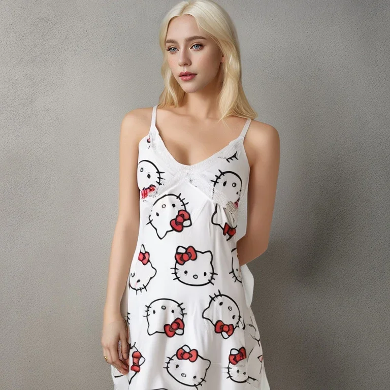 Women Hello Kitty Nightdress Anime Cartoon Robe Cute Sweet Pajamas Dress Homewear Sleepwear Christmas New Year Gifts 2024