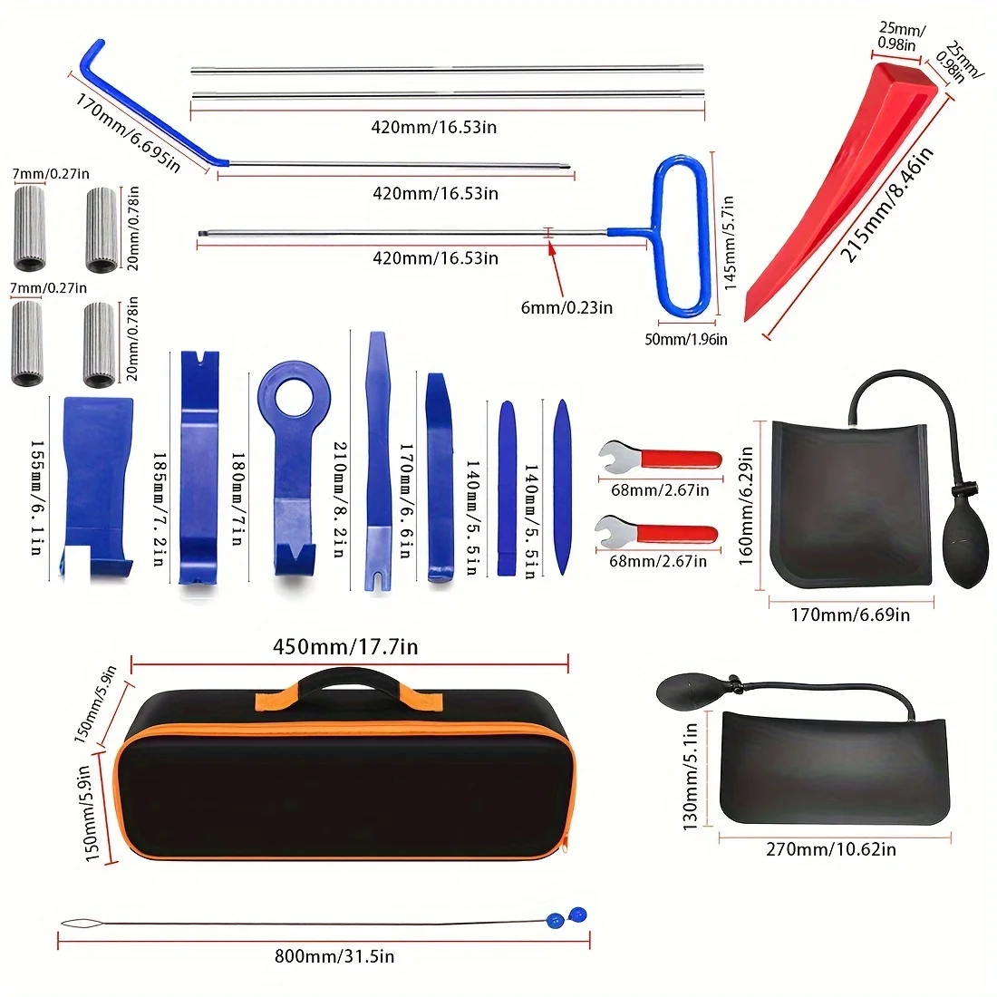 Outils d'urgence pour ouverture de porte de voiture avec cordon de traction, 22 pièces