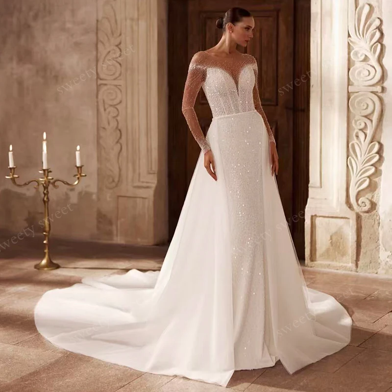 Luxuriöses Brautkleid mit abnehmbarer Schleppe aus Organza mit Perlen, Meerjungfrauen-Stil, schmal geschnitten, Ballkleid, O-Ausschnitt, lange Ärmel, maßgeschneidertes Brautkleid