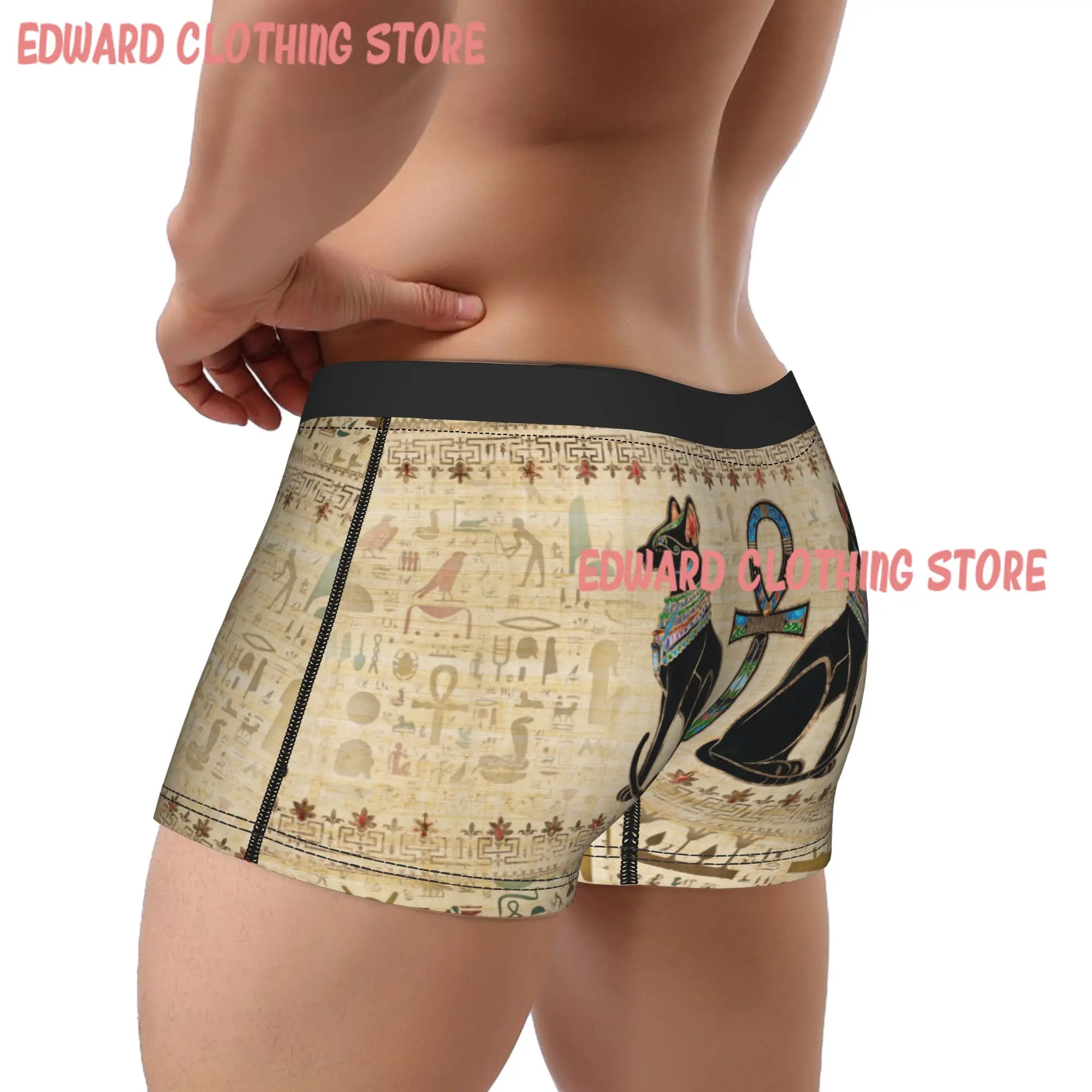 Men Egyptian Cats and Ankh Cross Underwear Ancient Egypt Boxer Briefs Shorts Panties Homme Mid Waist Underpants Plus Size