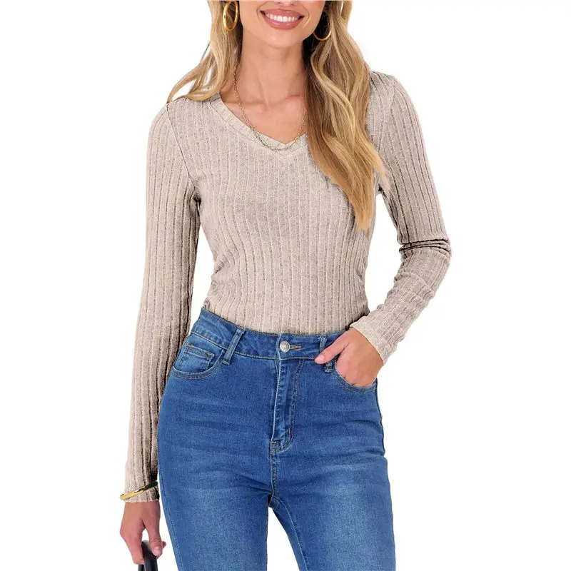 

AEA6-Womens Long Sleeve Shirts V Neck Ribbed Knit Slim Fit Sweater Fall Dressy Casual Travel Work Tops