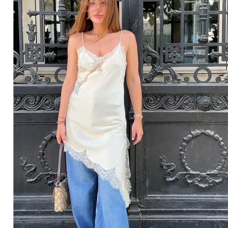 MUJER Satin Lace Slip Dress Woman Sexy Backless Mini Dress Women Asymmetric Evening Dresses for Women Yellow Black Women's Dress