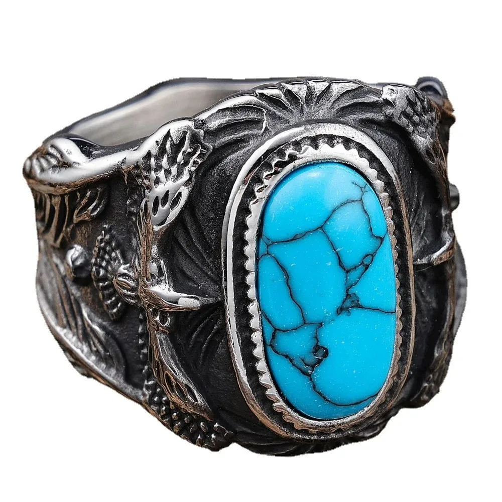 

European and American Fashion Personality Retro Turquoise Eagle Men's Stainless Steel Rings Size 7-15