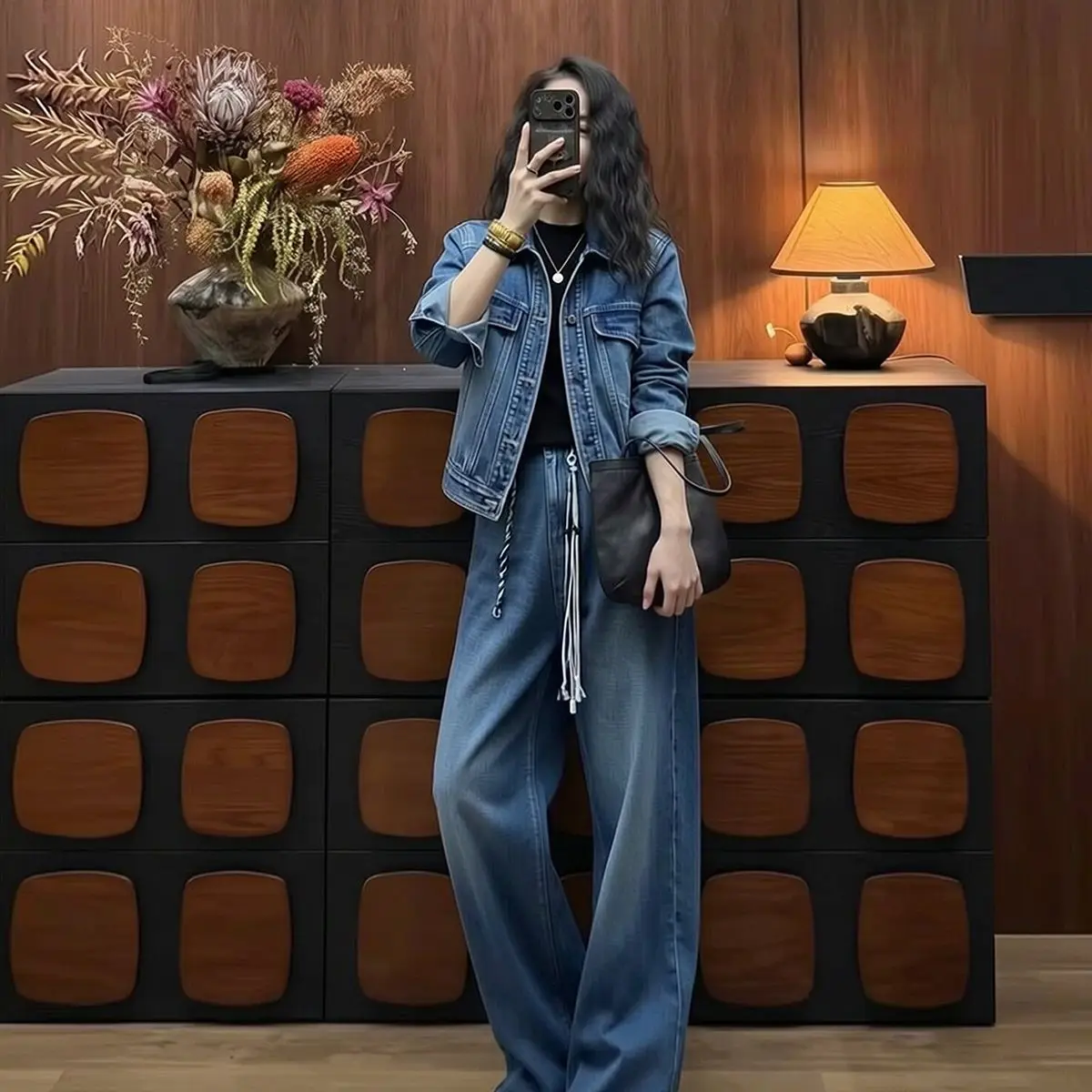 

Retro American Blue Denim Set Women's Short Collar Jacket Wide Leg Pants Two Piece Set Casual Style Summer Fashion