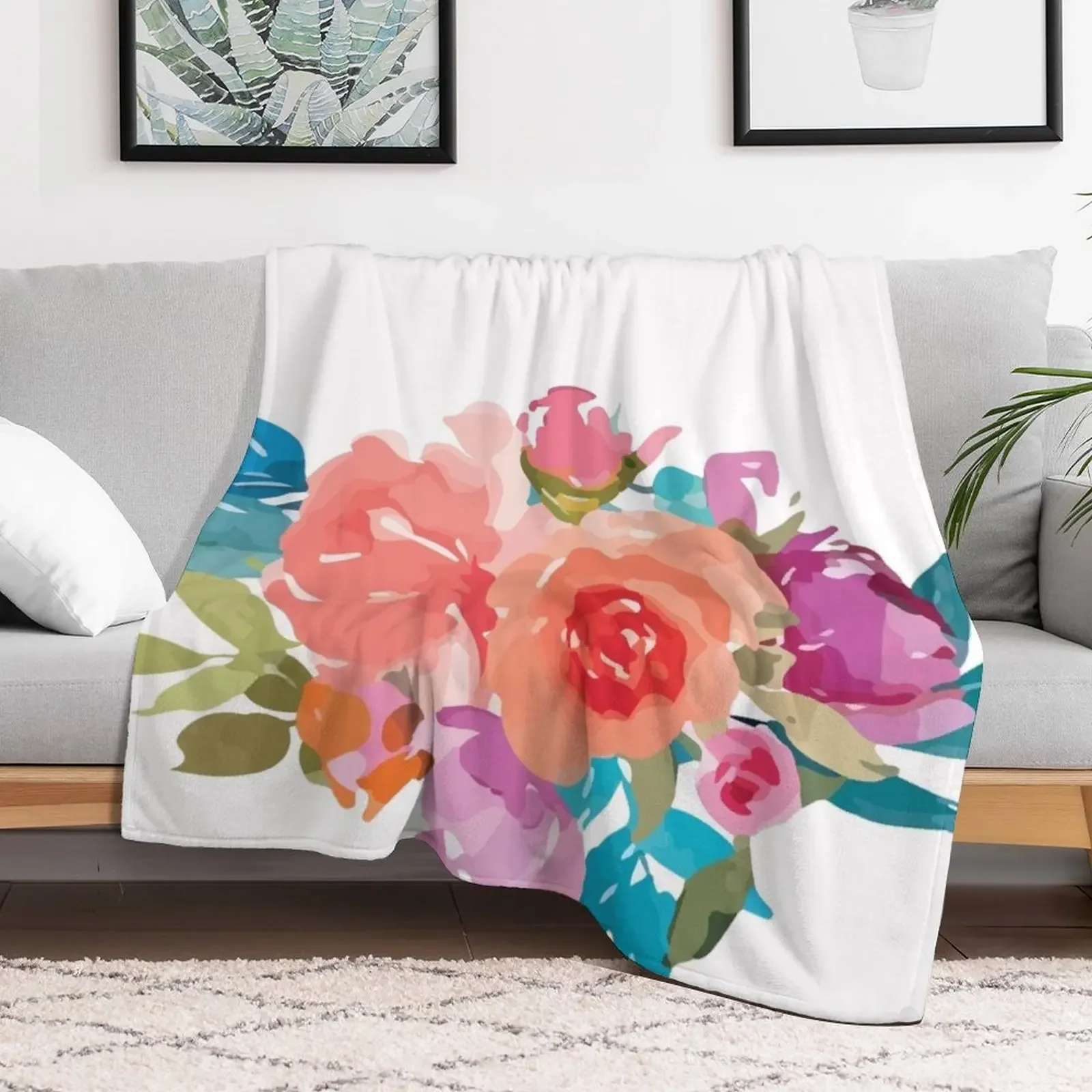 Romantic Watercolor Flower Bouquet on White Throw Blanket Durable Warm Blanket for Daily Home Use