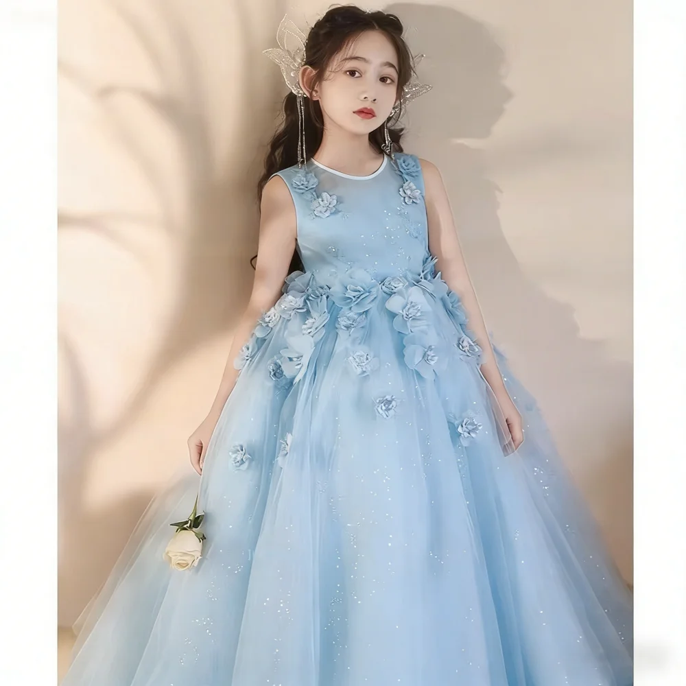 

Girls Pink Floral Princess Party Dress Children Flower Gown for Kids Host Piano Performance Pageant Evening Clothes Girl Wedding