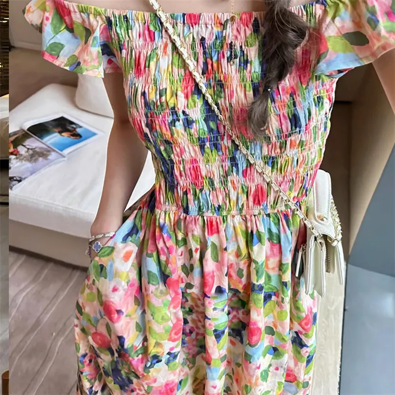 Summer Cotton Women Flying sleeve Sweet Floral Print Lovely Elegant Dress Slim Slash Neck Elastic Waist Dress Vintage Vestidos