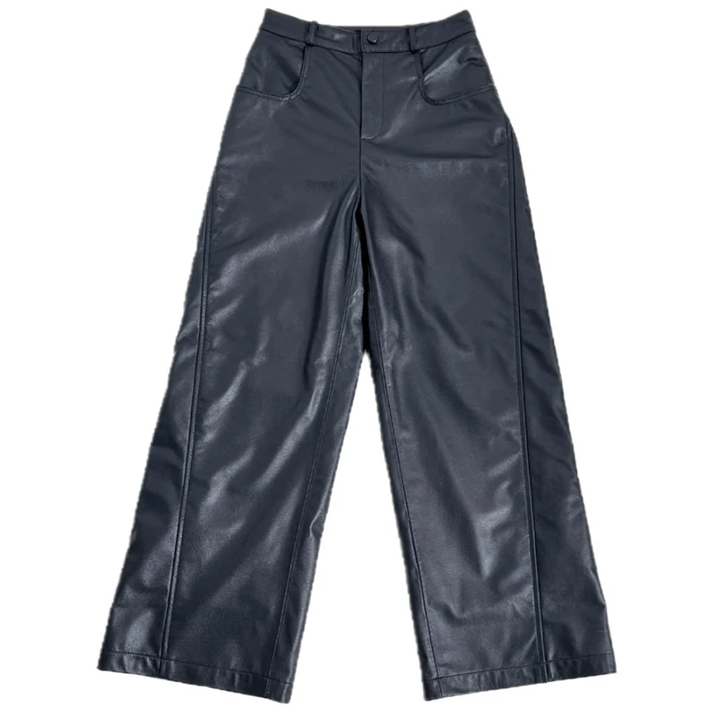 Genuine Cow Leather Pants Autumn Women High Waist Loose Wide Leg Straight Trousers Black Floor-length Long Pants Jeans Style
