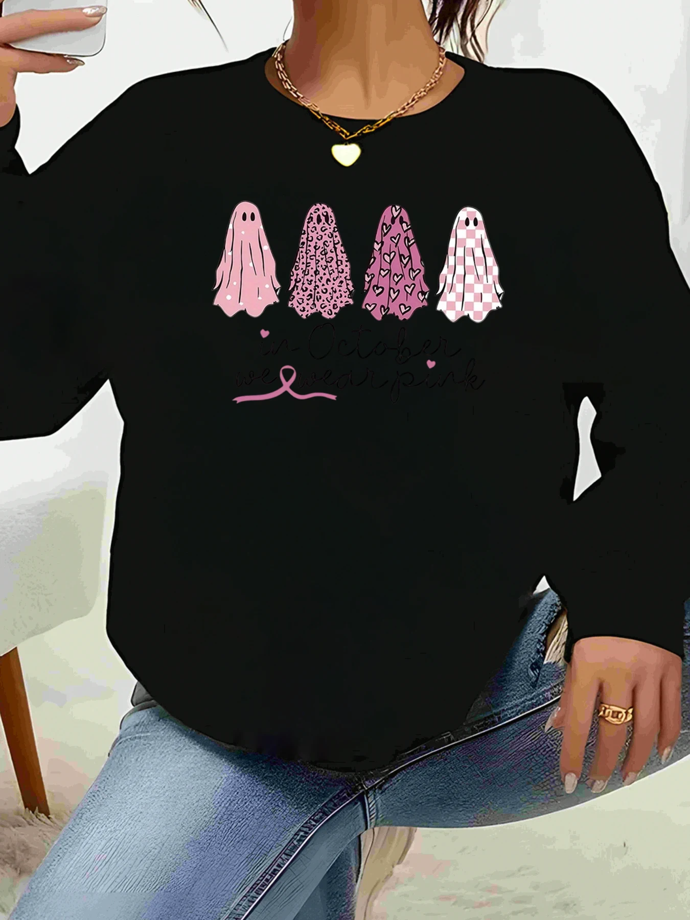 

Призрачный узор, розовая текстовая футболка с длинным рукавом на Хэллоуин, повседневная женская одежда
