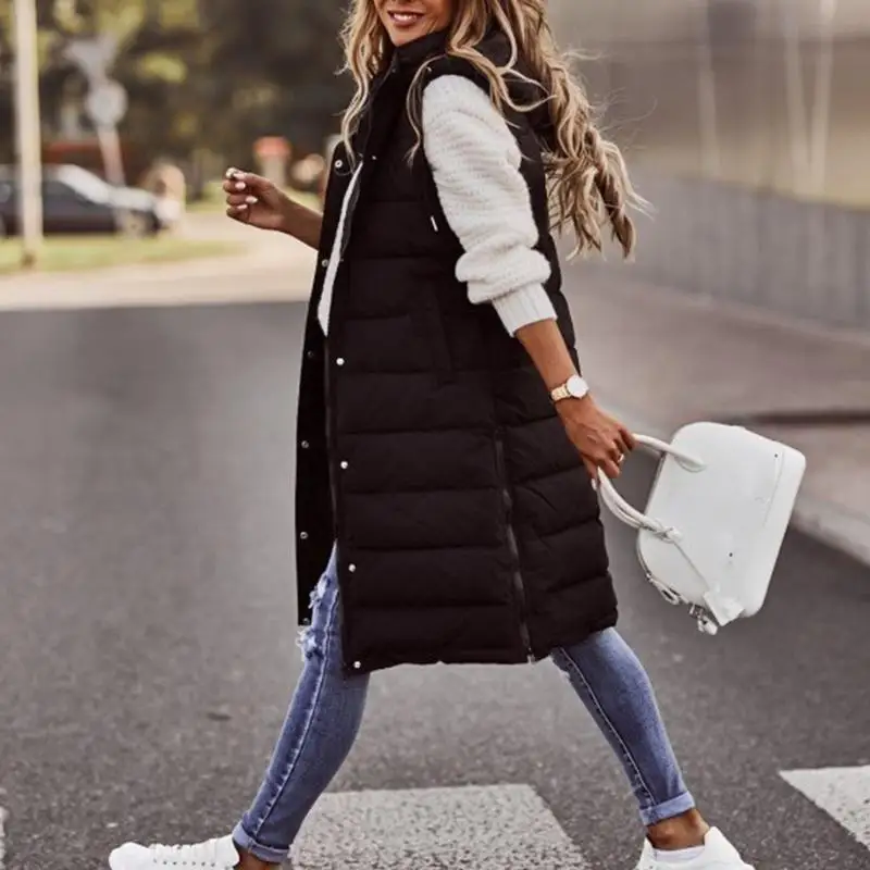652F Women's Long Quilted Vest Hooded Cotton Sleeveless Jackets Puffer Vest Padded Coat Winter Warm Outerwear Gift