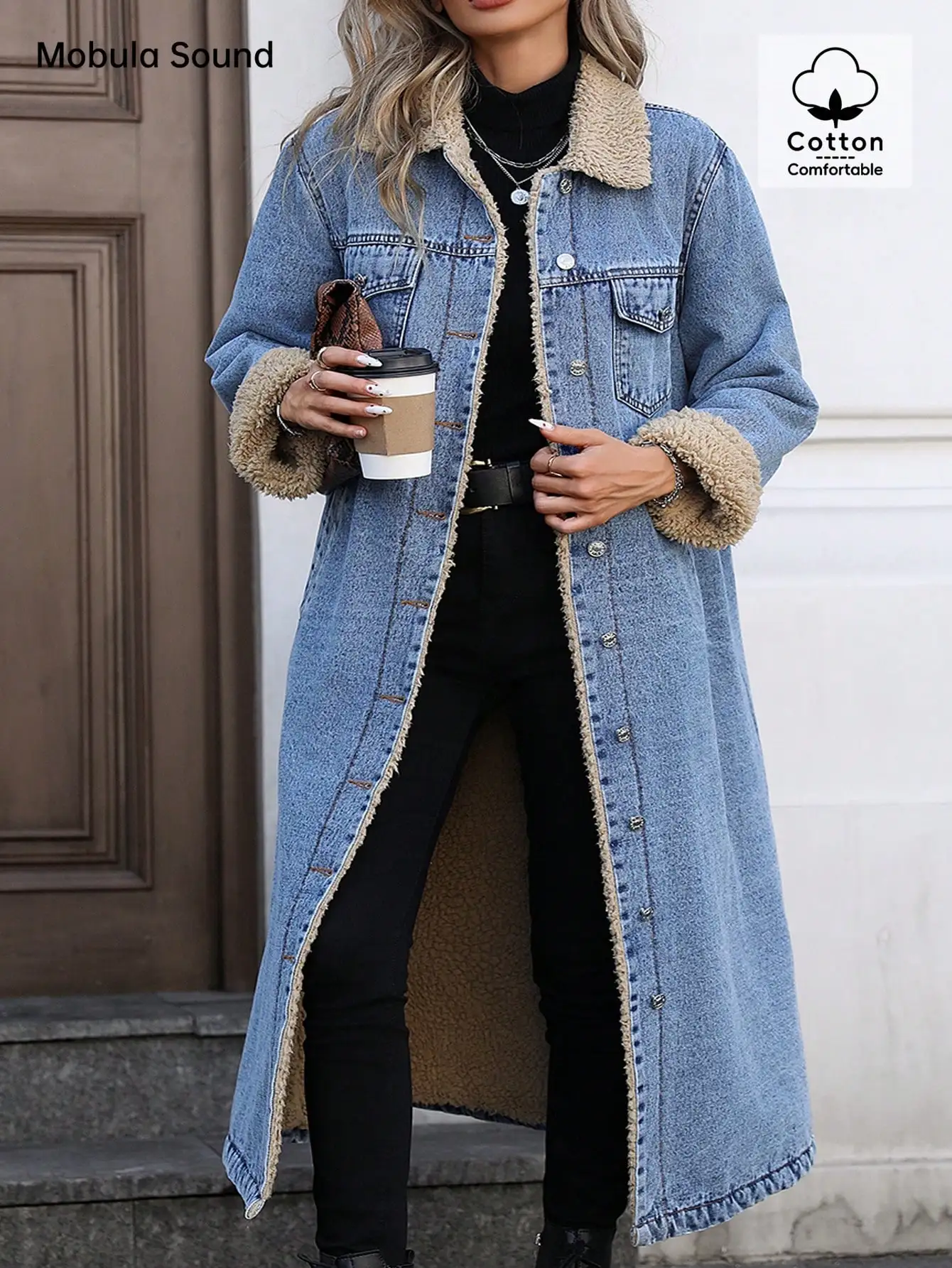 Veste en jean Y2K pour femmes grandes tailles avec doublure en fausse fourrure, style long pour un usage décontracté et hivernal