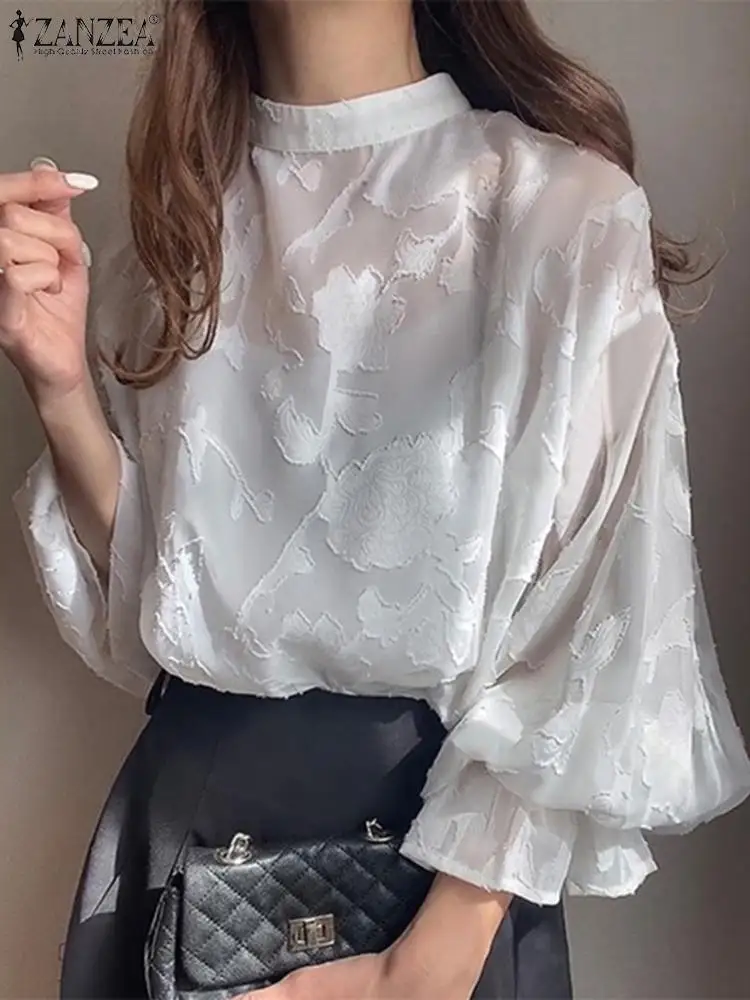 ZANZEA Vintage Ruffle Long Lantern Sleeve Tops Elegant Women Mesh Party Blouse 2024 Autumn Fashion Patchwork Tunic Holiday Shirt