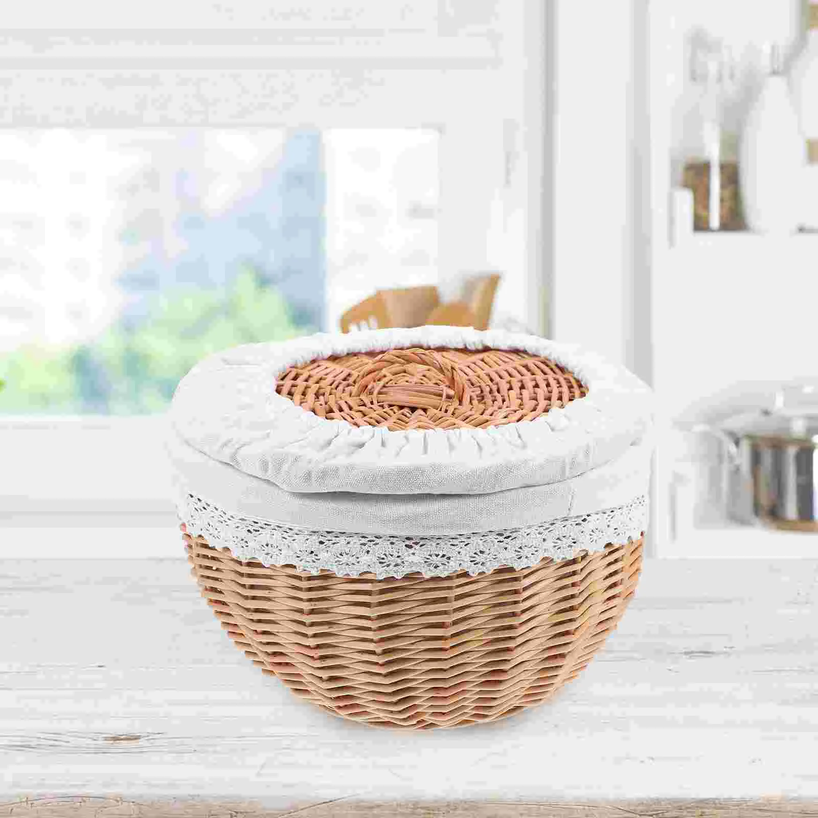 

Food Storage Basket Fruit Platter Woven Craft Organizer White Delicate Wicker Loaf Pan with Lid